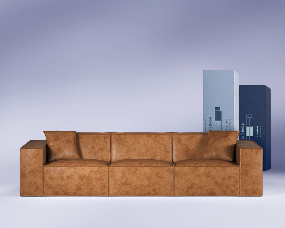 M1 Faux Leather Three Seater in Gilded Oak, front view.