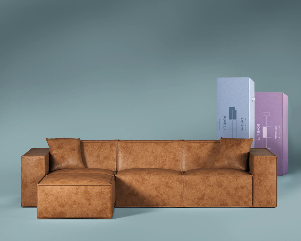 M1 Faux Leather Sectional in Gilded Oak, front view.