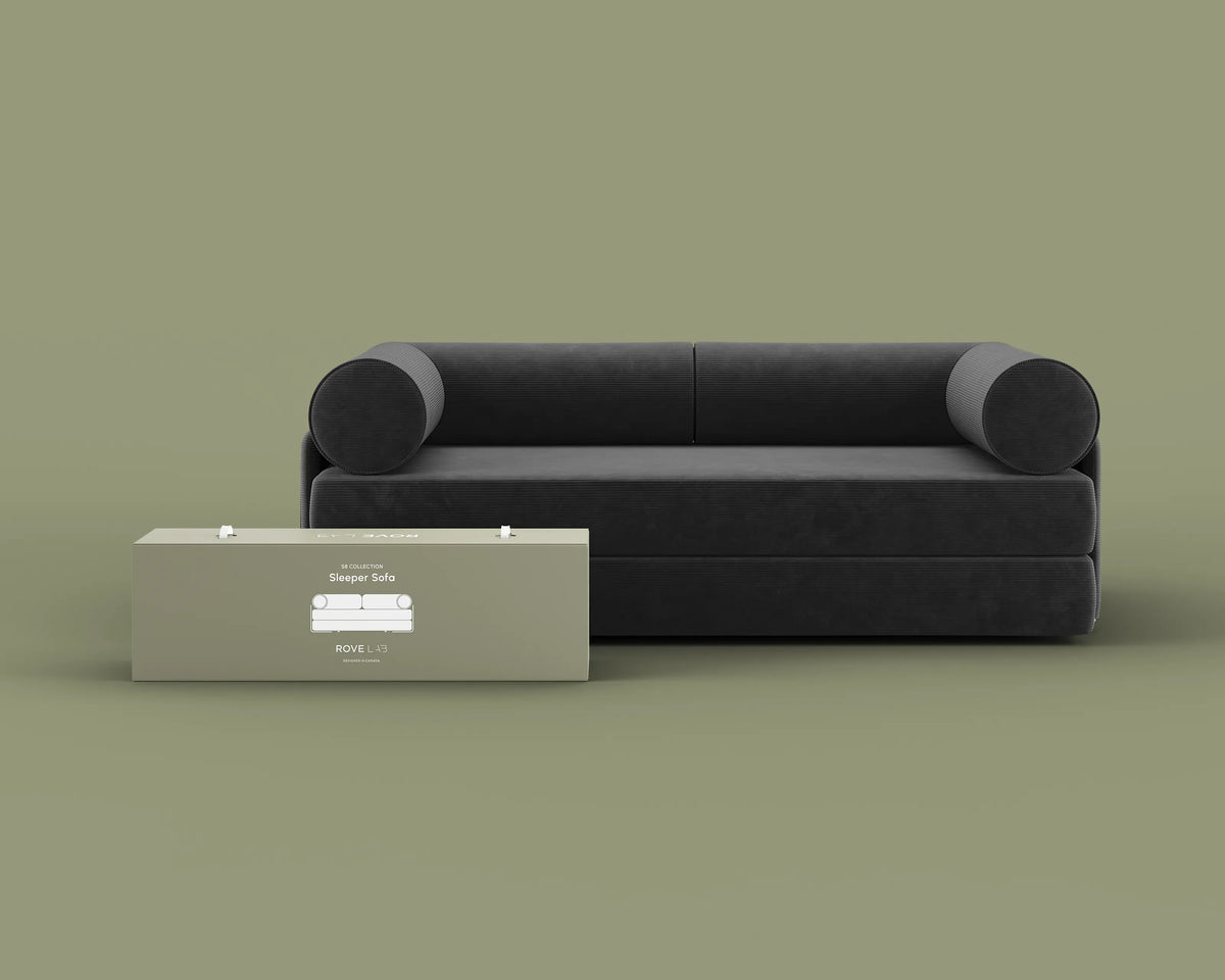 S8 Sleeper Sofa Bed in Dark Matter, front view.