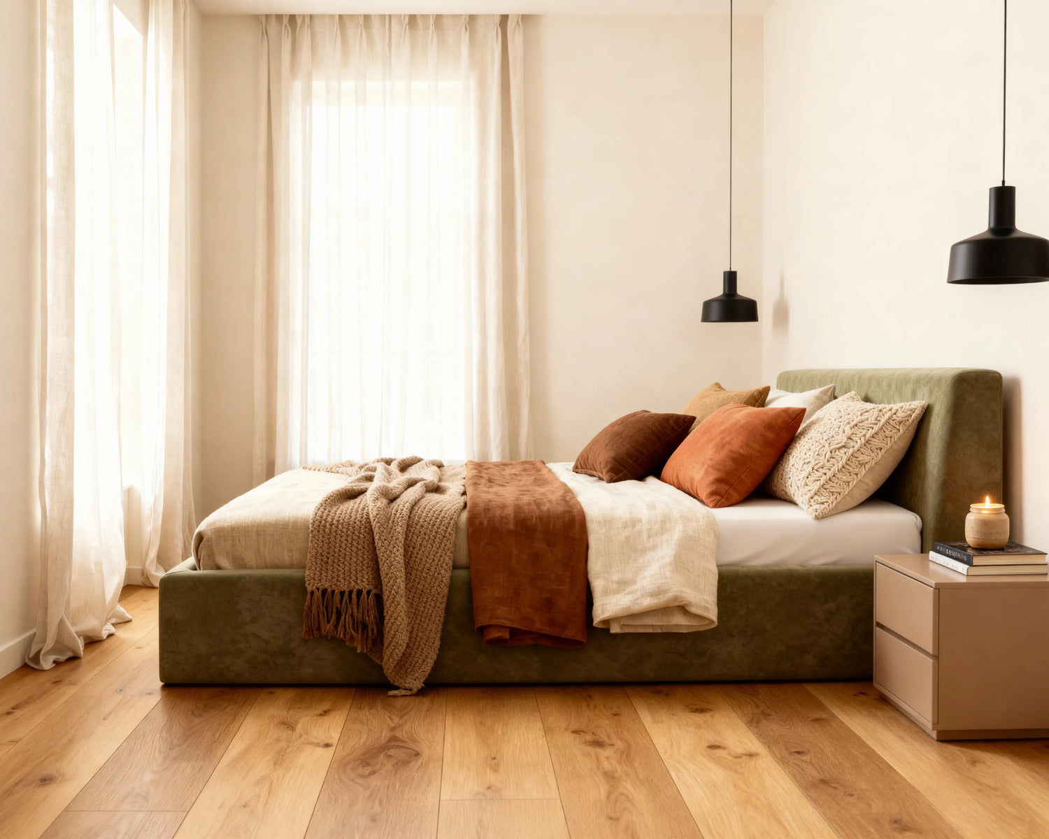 # Side view of O2 Soft Frame Bed in Krypton Green, featuring a modern minimalist design with a soft, foam-based structure and elegant, low-profile aesthetic.